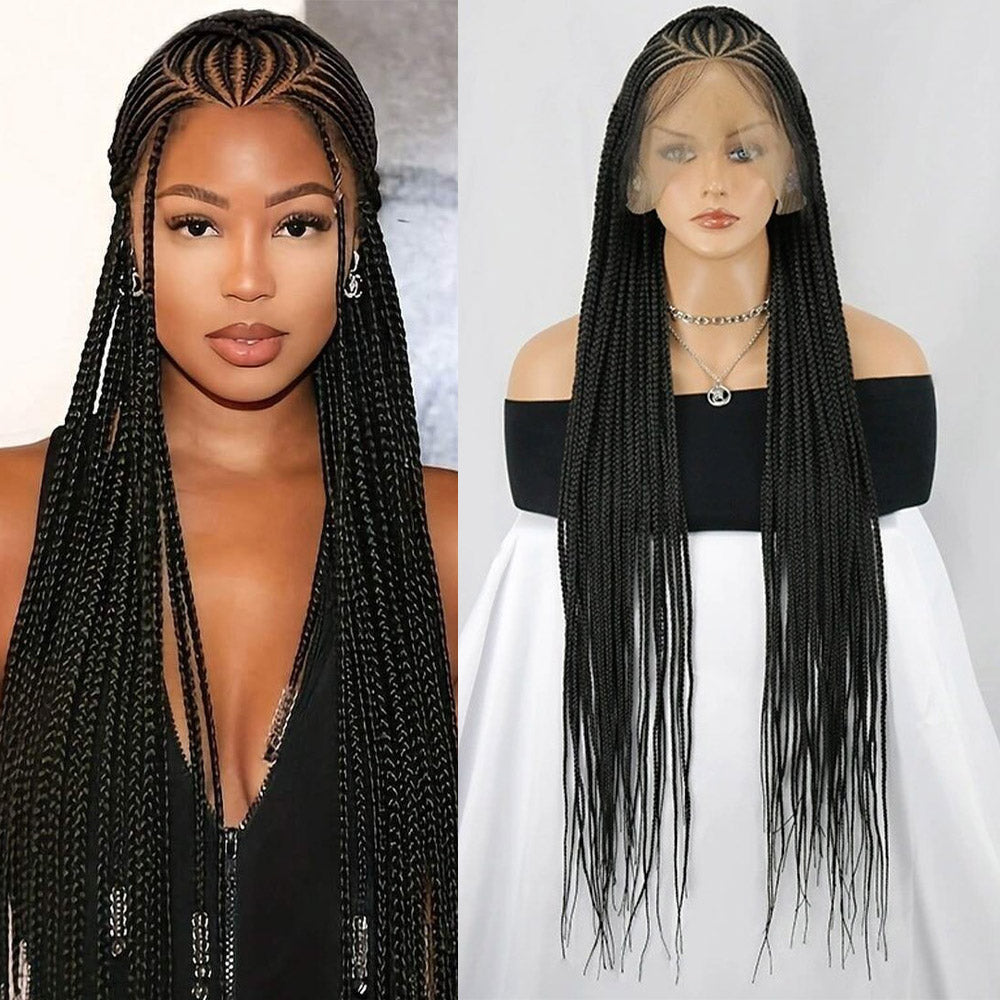 13x7 Lace Front Black Long Straight Back Cornrow Braided Wig