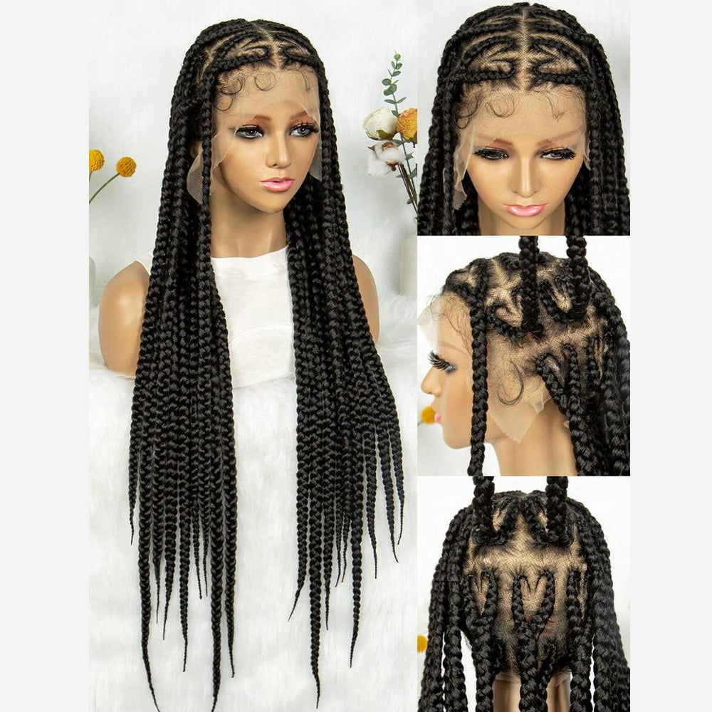 Full Lace Hand Braided Heart Pattern Feed In Cornrow Wig 30 Inch