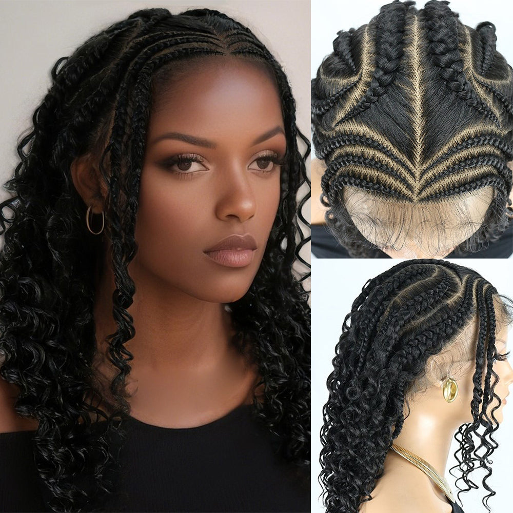 36 Inch Black Full Lace Cornrow Braided Boho Curly Wig