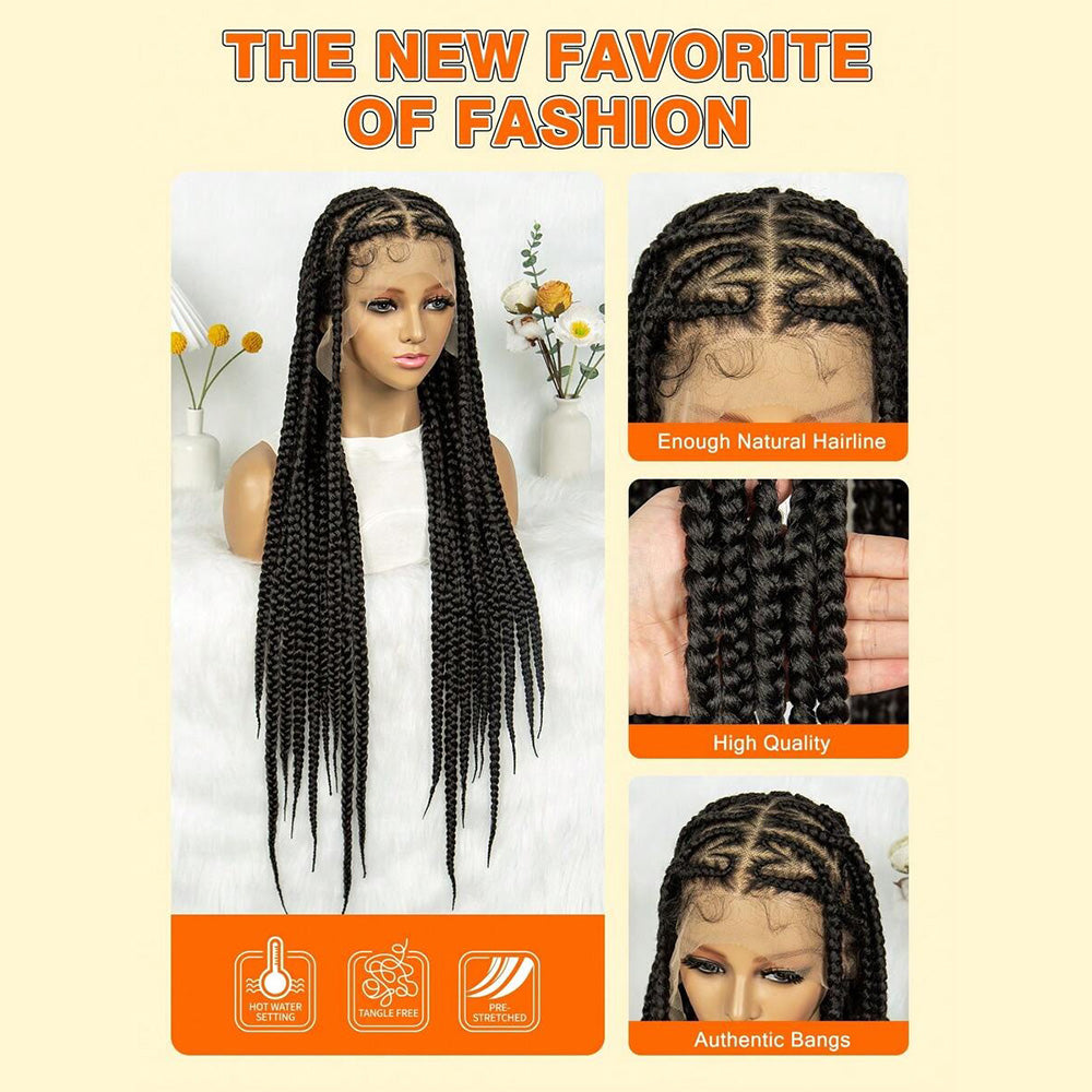 Black Full Lace Hand Braided Heart Pattern Feed In Cornrow Wig 36 Inch