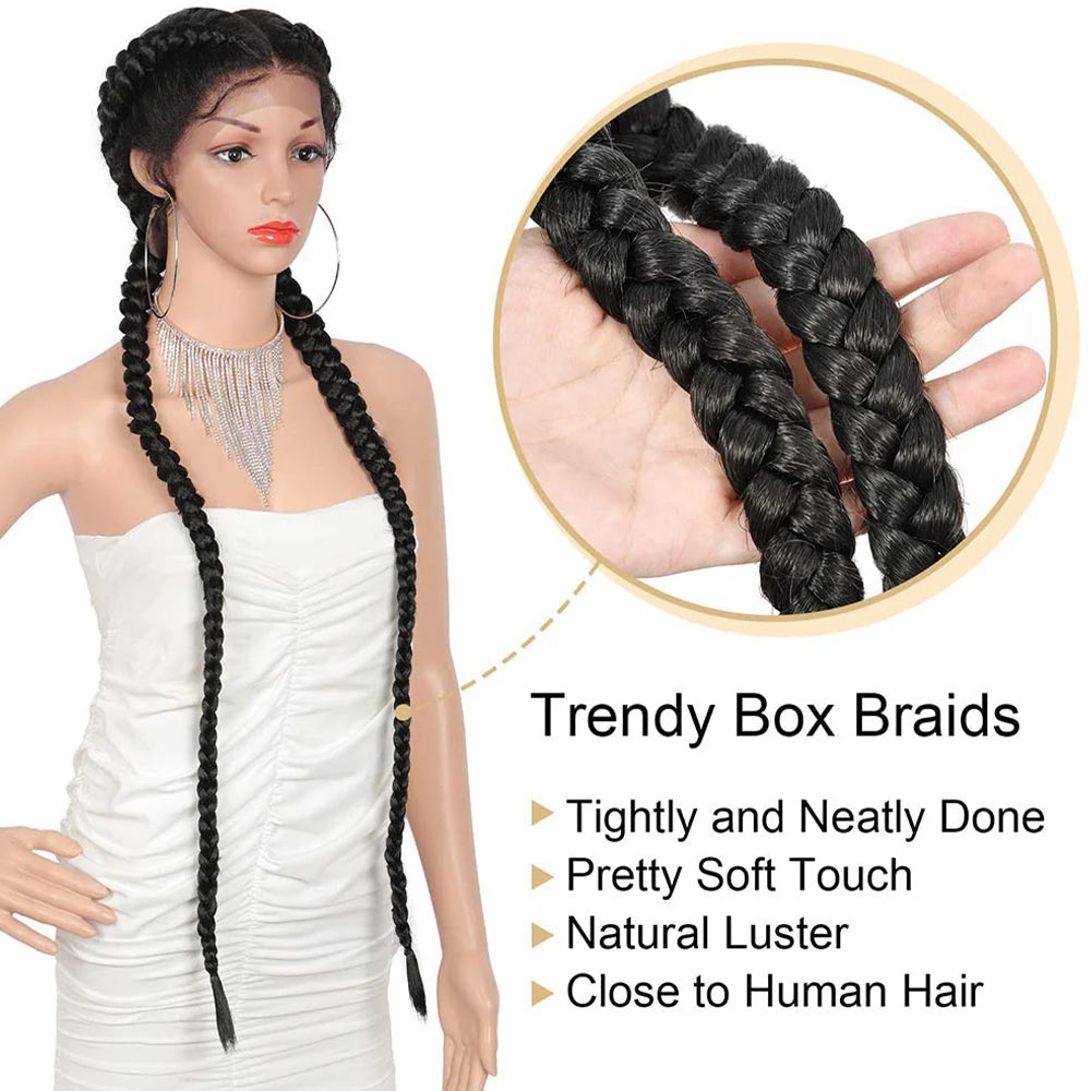 36" Lace Front 2 Dutch Braids Cornrow Braided Wig Black Detail
