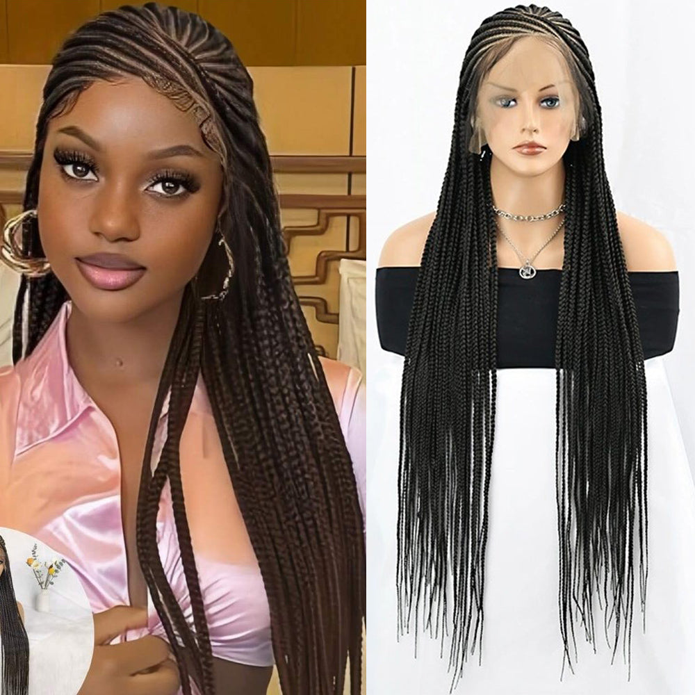 36" Black Full Lace Hand Braided Feed In Cornrow Wig