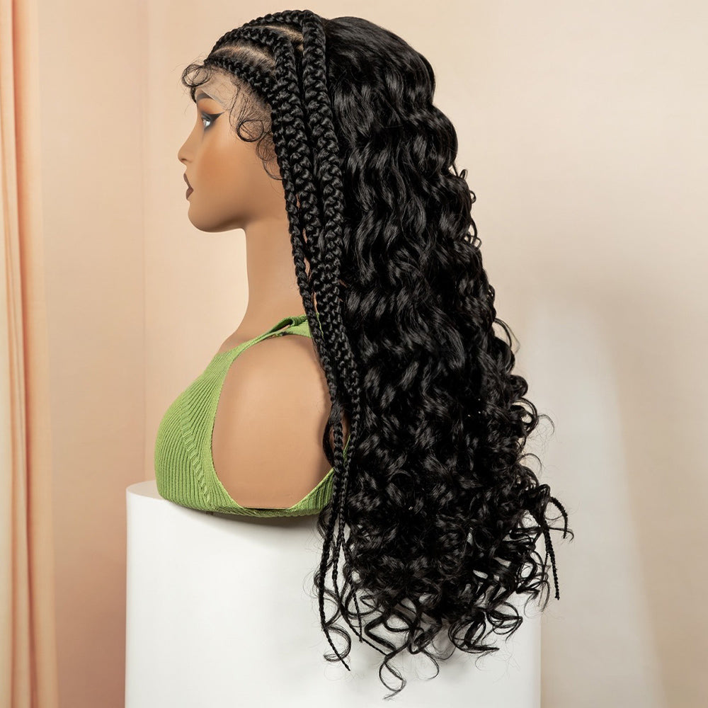 13x6 Lace Front Black Cornrow Braided Boho Curly Wig Black