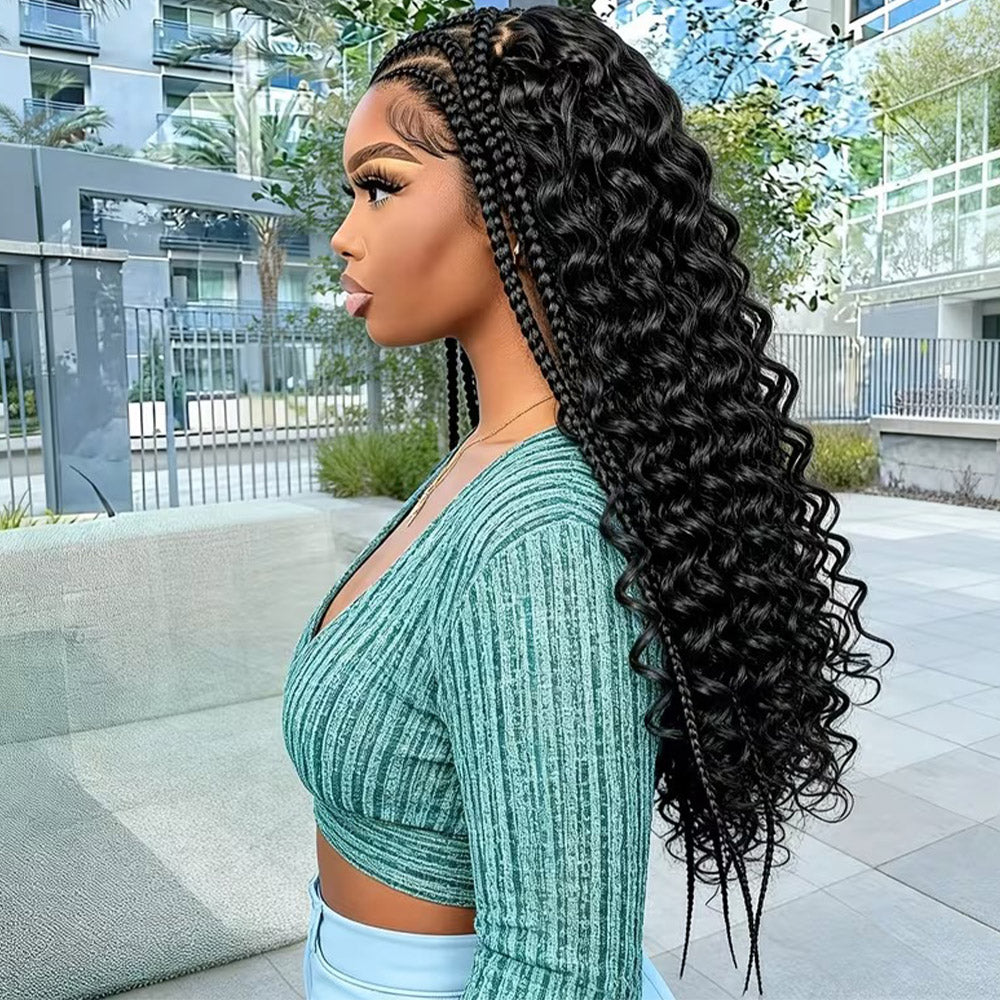Black 13x6 Lace Front Cornrow Braided Boho Water Wave Wig