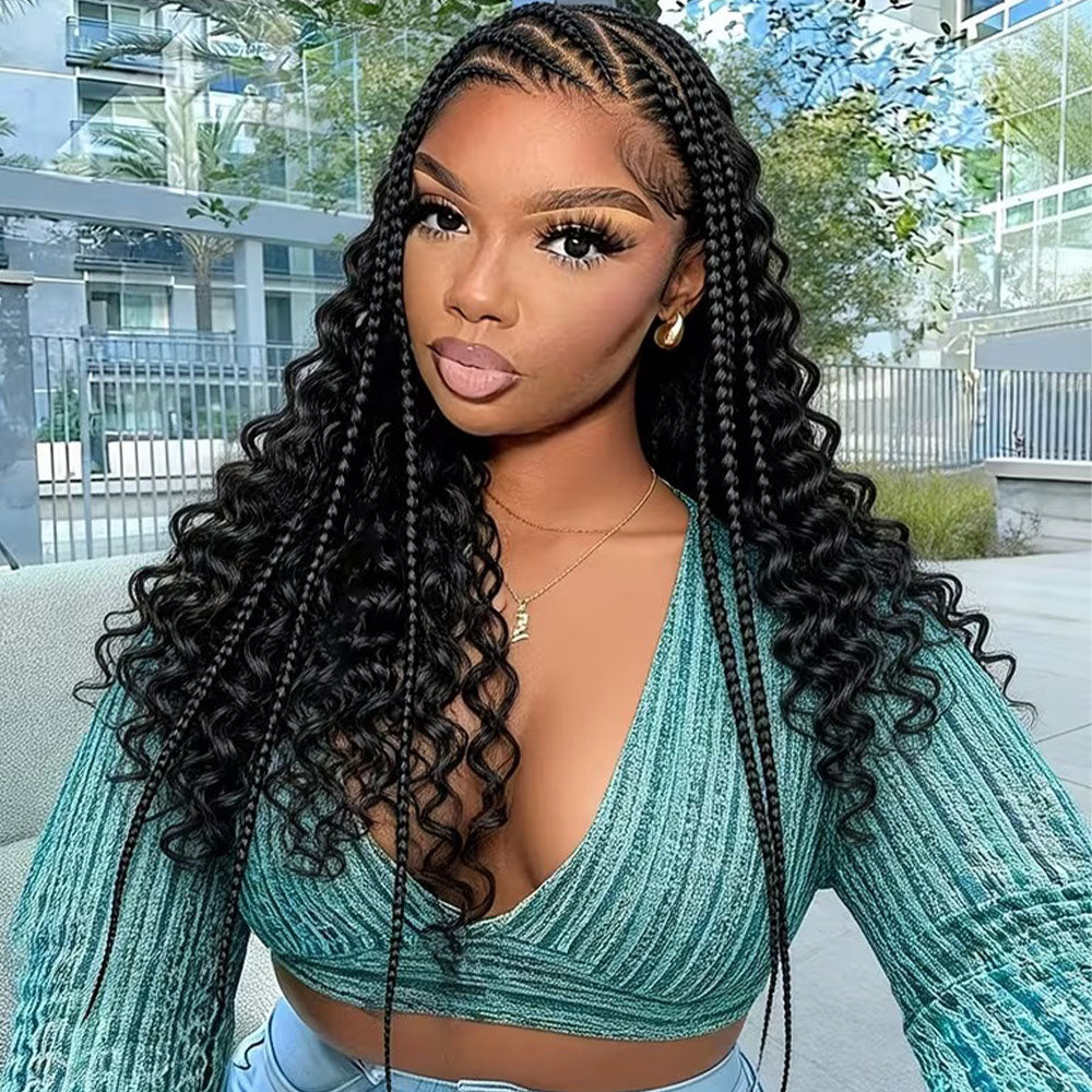 13x6 Lace Front Cornrow Braided Boho Water Wave Wig Black