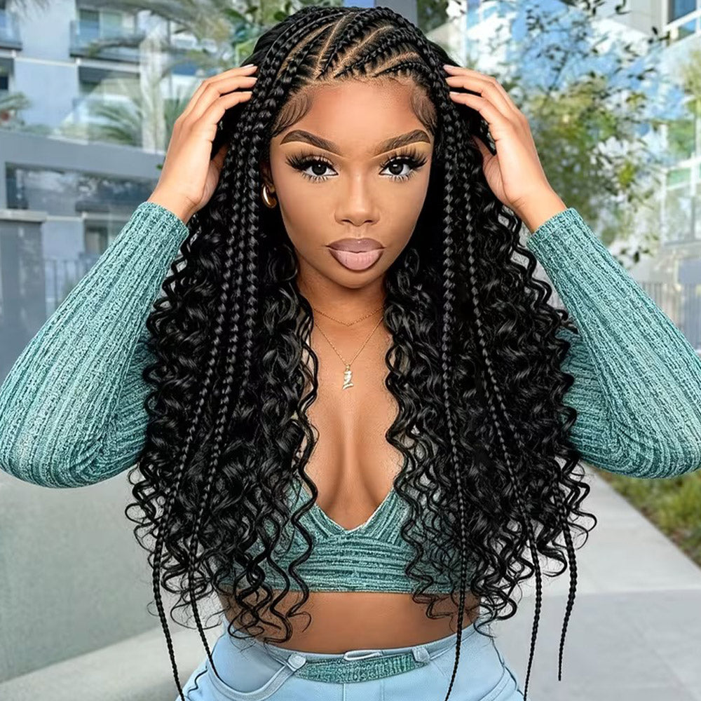 13x6 Lace Front Black Cornrow Braided Boho Water Wave Wig
