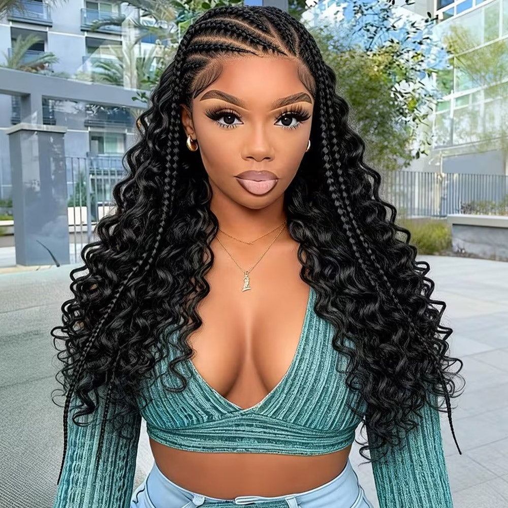 Black 13x6 Lace Front Cornrow Braided Boho Water Wave Wig