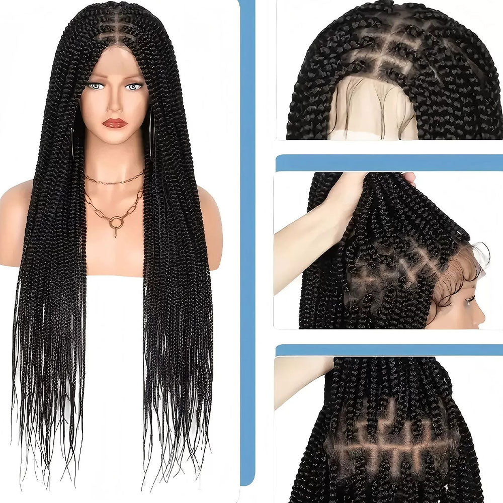 Full Lace Hand-Braided Black Box Braid Wig Black Detail
