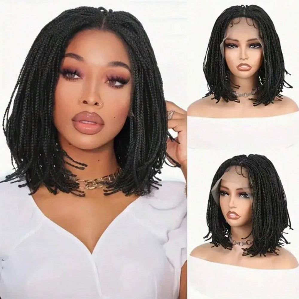 12 Inch Short Black Bob Lace Front Micro Braided Wig