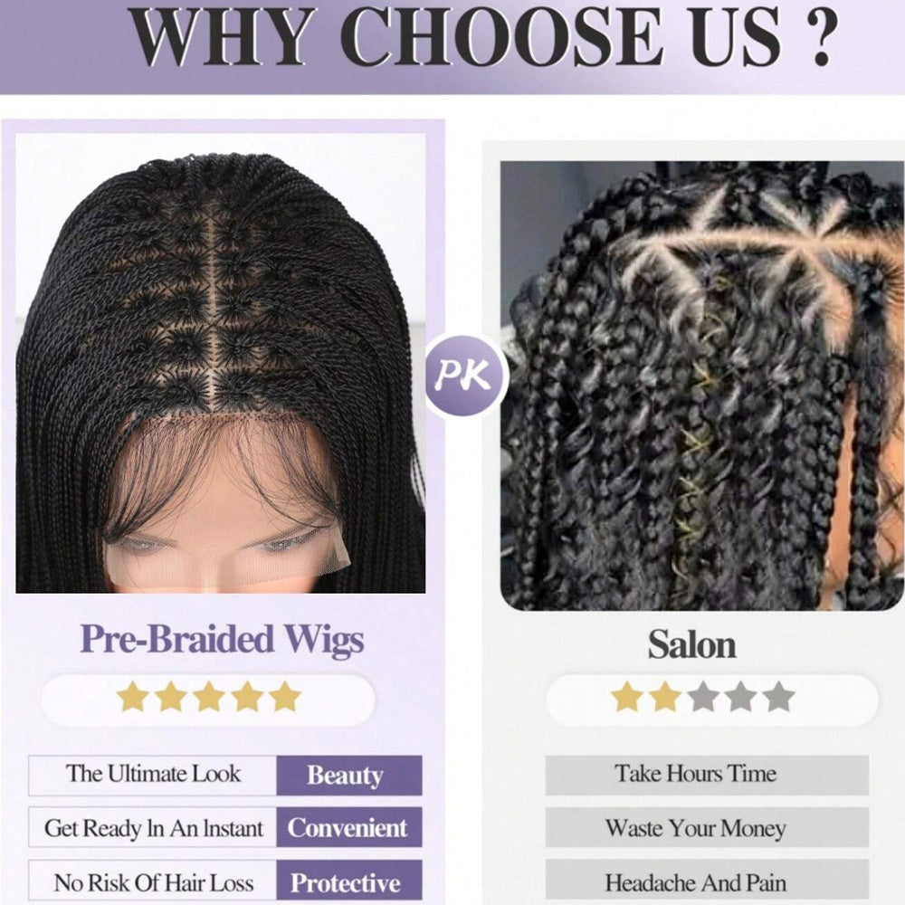 Comparison of pre-braided wigs and salon-style braids with text highlighting benefits.