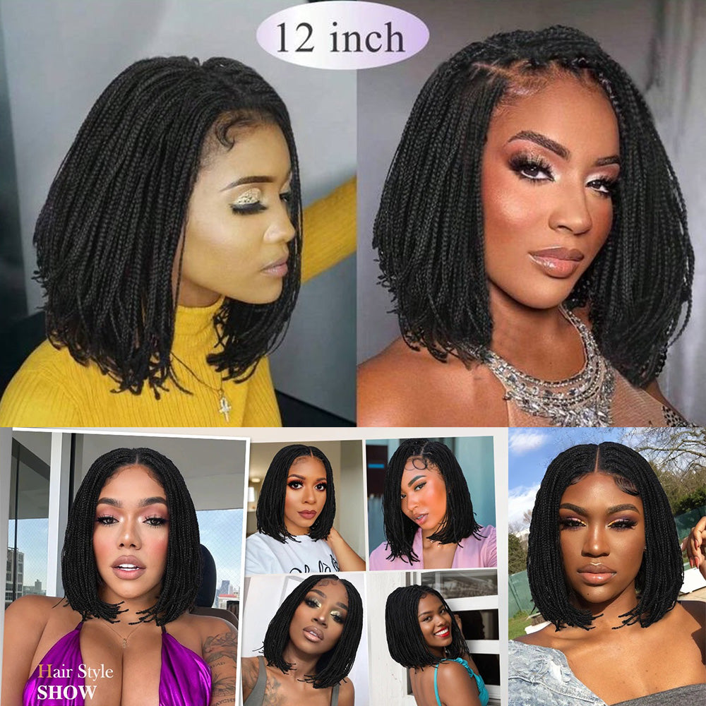 12 Inch Short Black Bob Lace Front Micro Braided Wig Style
