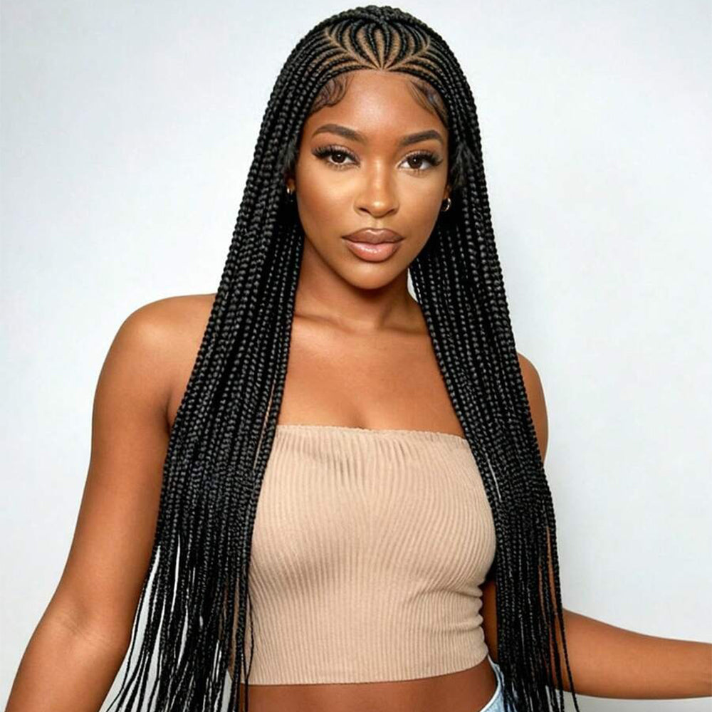 Lace Front Black  Cornrow Braided Wig Long Straight Back