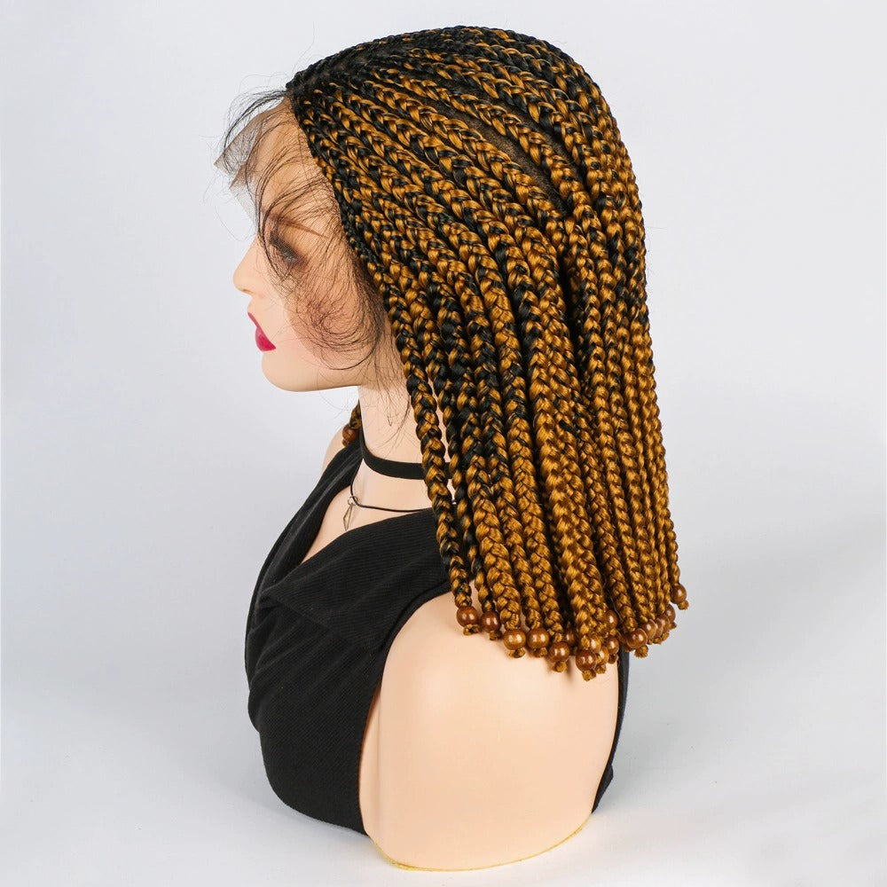 Lace Front Ombre Brown Cornrow Braided Bob Wig with Beads