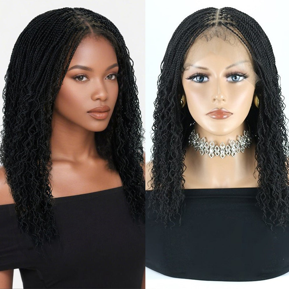 18" Black Full Lace Boho Senegalese Twist Wig with Curly Ends
