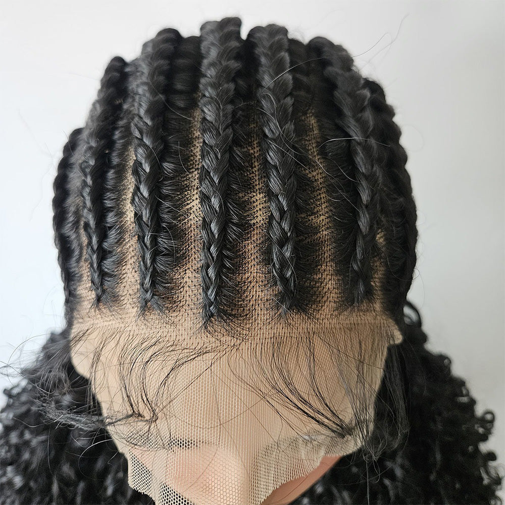 26" Full Lace Hand Braided Black Boho Cornrow Curly Wig