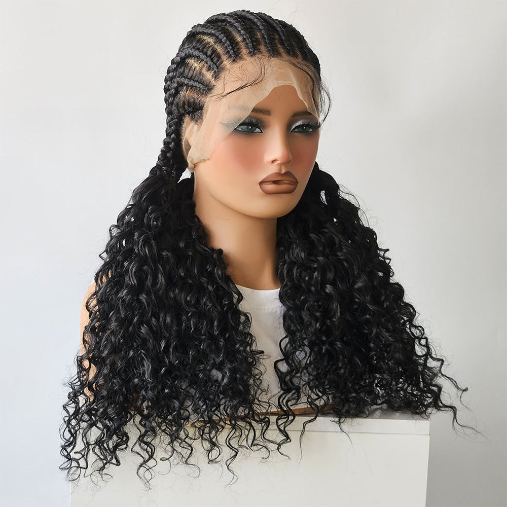 26 Inch Black Full Lace Hand Braided Boho Cornrow Curly Wig