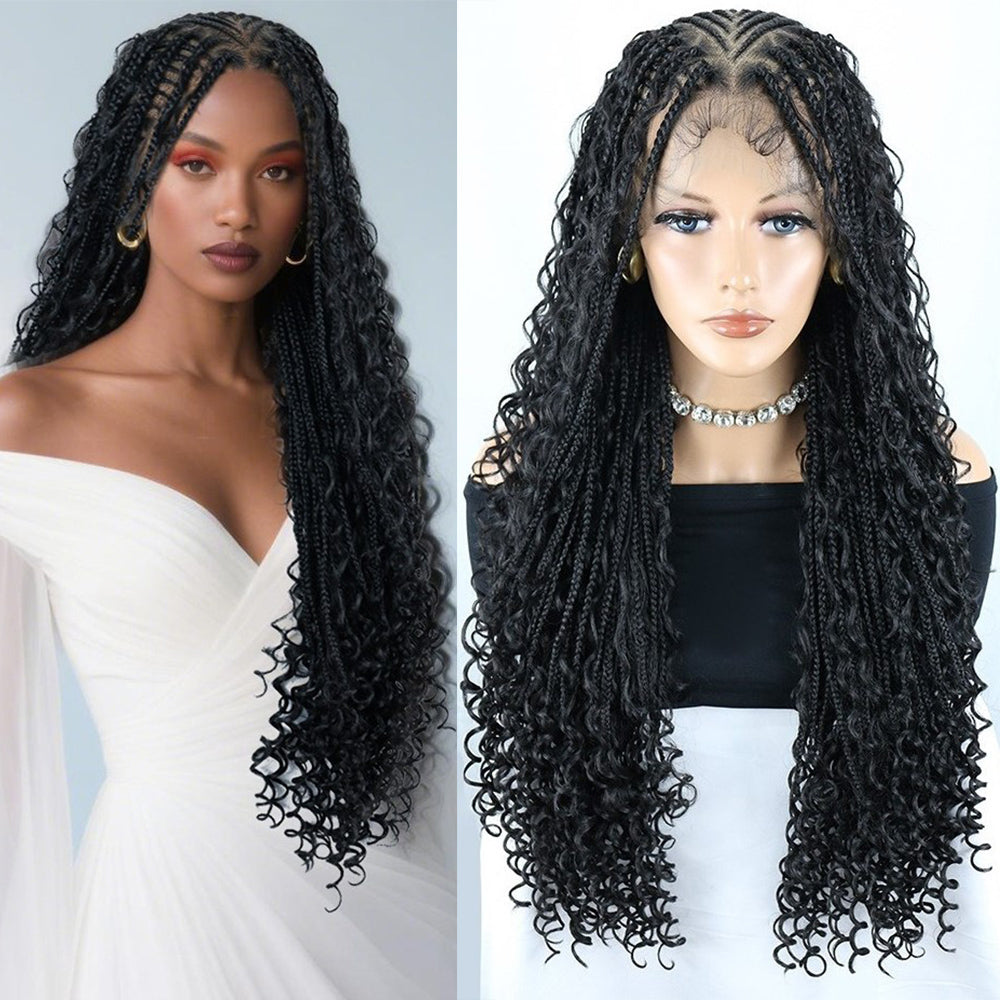 30" Black Full Lace V-Part Feed In Boho Braids Wig