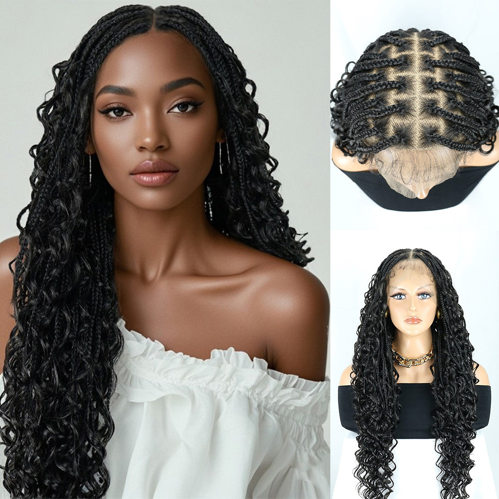 30" Full Lace Black Knotless Boho Box Braided Wig