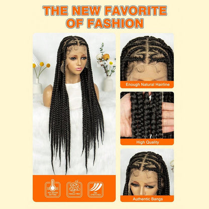 Black Full Lace Hand Braided Heart Pattern Feed In Cornrow Wig 30 Inch