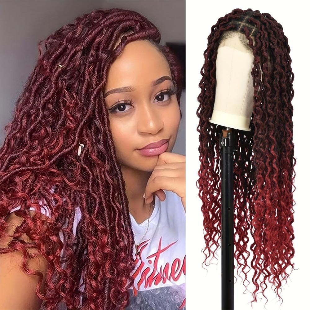 32" Full Lace Boho Faux Locs Braided Wig Burgundy