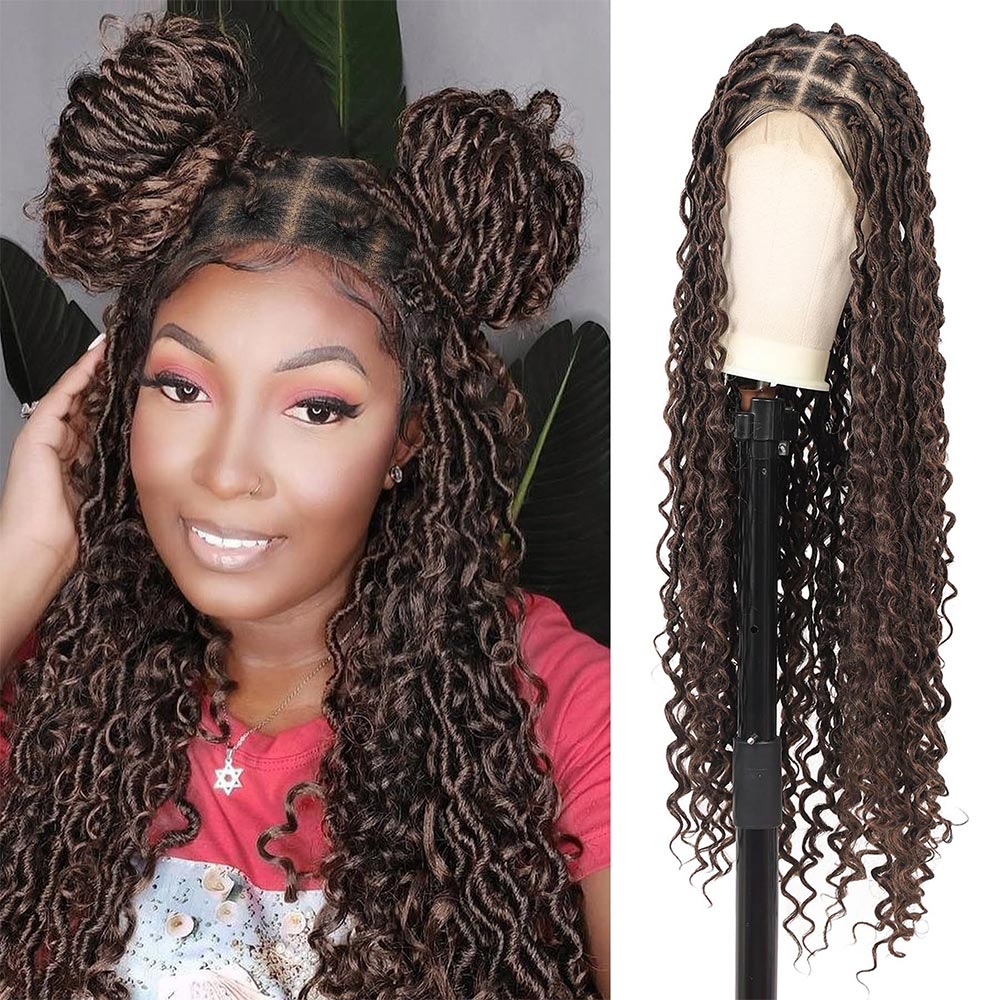 32" Full Lace Boho Faux Locs Braided Wig Dark Brown