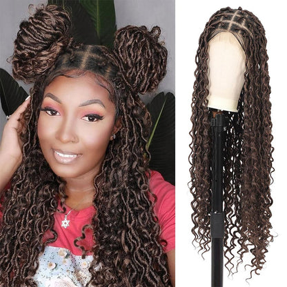 32" Full Lace Boho Faux Locs Braided Wig Dark Brown
