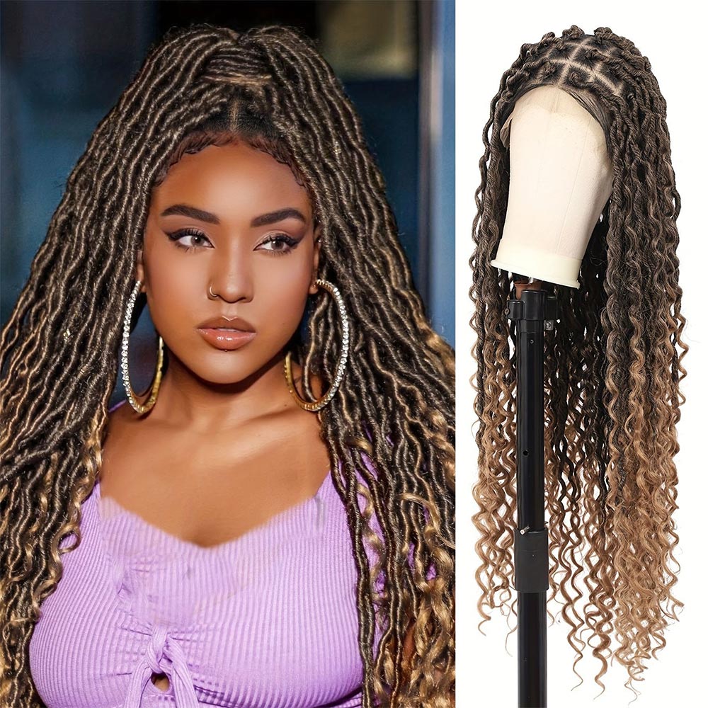 32" Full Lace Boho Faux Locs Braided Wig Light Brown