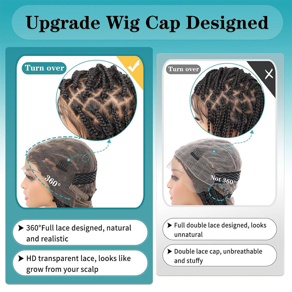 36" Full Lace Knotless Black Butterfly Box Braids Wig Cap Detail