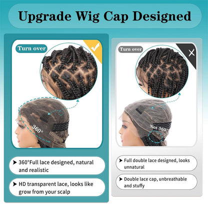 36" Full Lace Knotless Black Butterfly Box Braids Wig Cap Detail