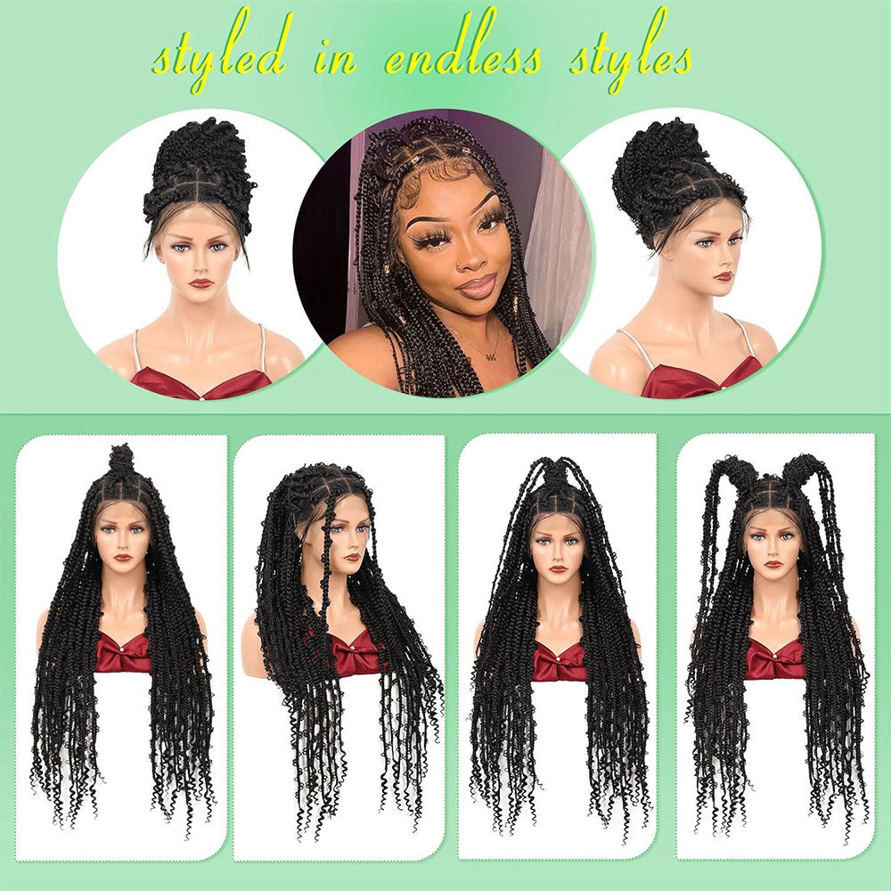 36" Full Lace Black Boho Goddess Box Braids Wig with Curly Ends
