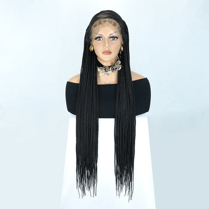 36" Front Lace Black Long Cornrow Braids Knotless Micro Braided Wig