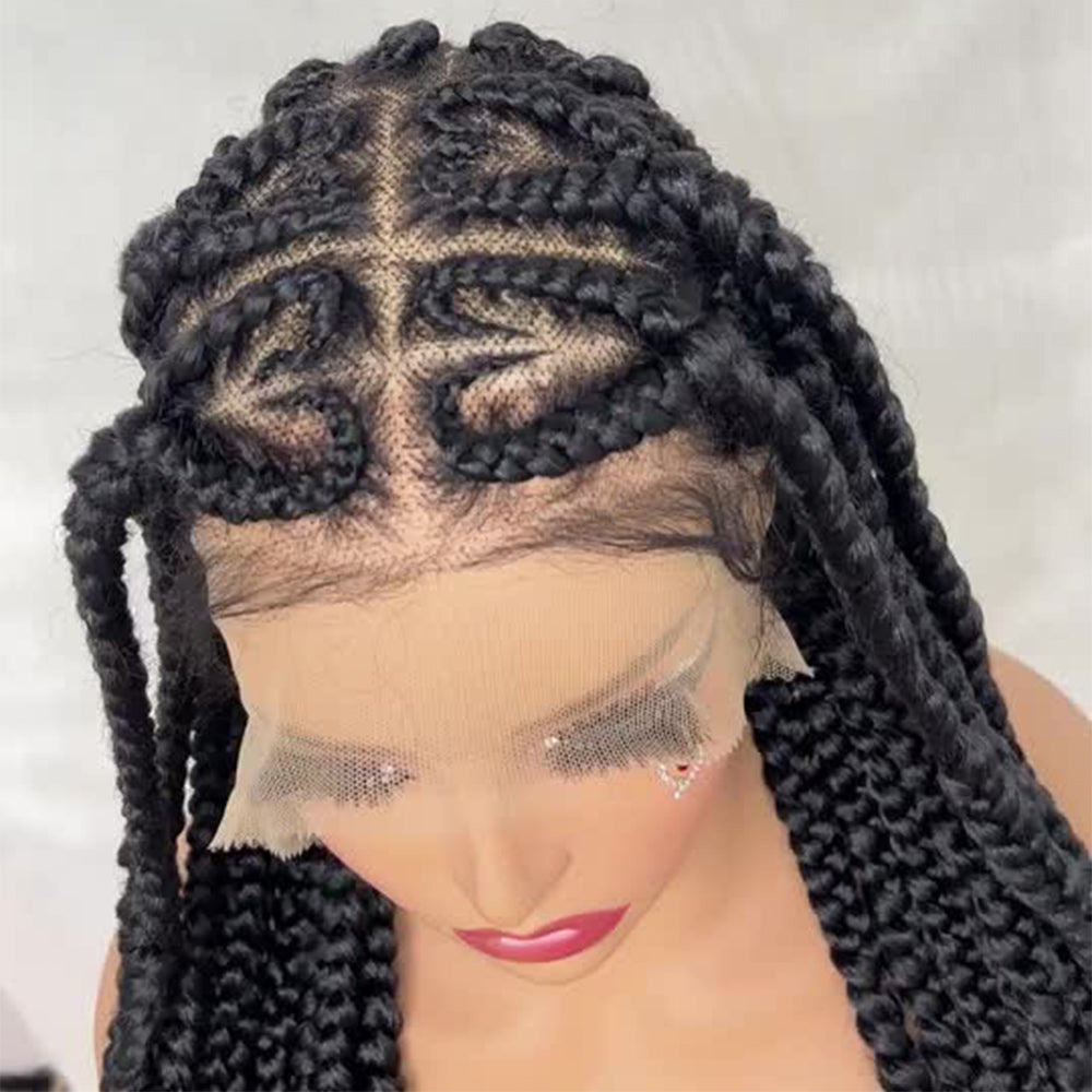 36" Black Full Lace Hand Braided Heart Pattern Feed In Cornrow Wig
