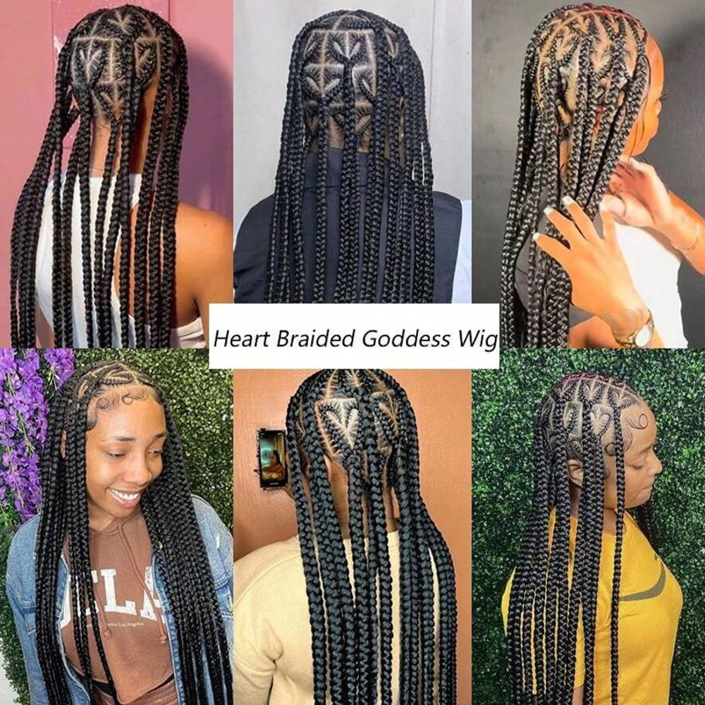 Black 36 Inch Full Lace Hand Braided Heart Pattern Feed In Cornrow Wig 