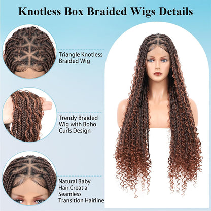 36" Full Lace knotless Boho Braided Wig Brown Ombre