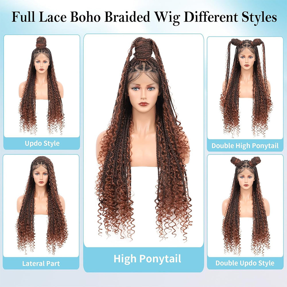 36" Brown Ombre Full Lace knotless Boho Braided Wig