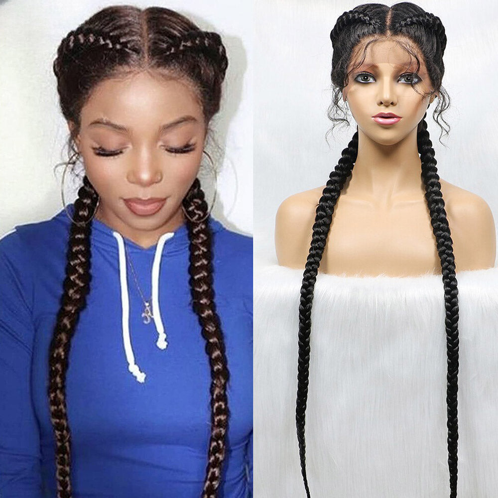 36 Inch Lace Front 2 Dutch Braids Cornrow Braided Wig Black