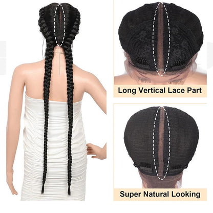 36 Inch Lace Front 2 Dutch Braids Cornrow Braided Wig Black