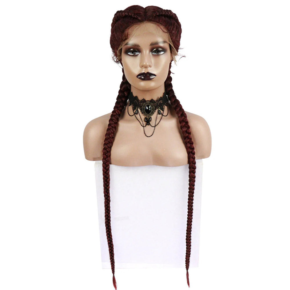 36 Inch Lace Front 2 Dutch Braids Cornrow Braided Wig Burgundy