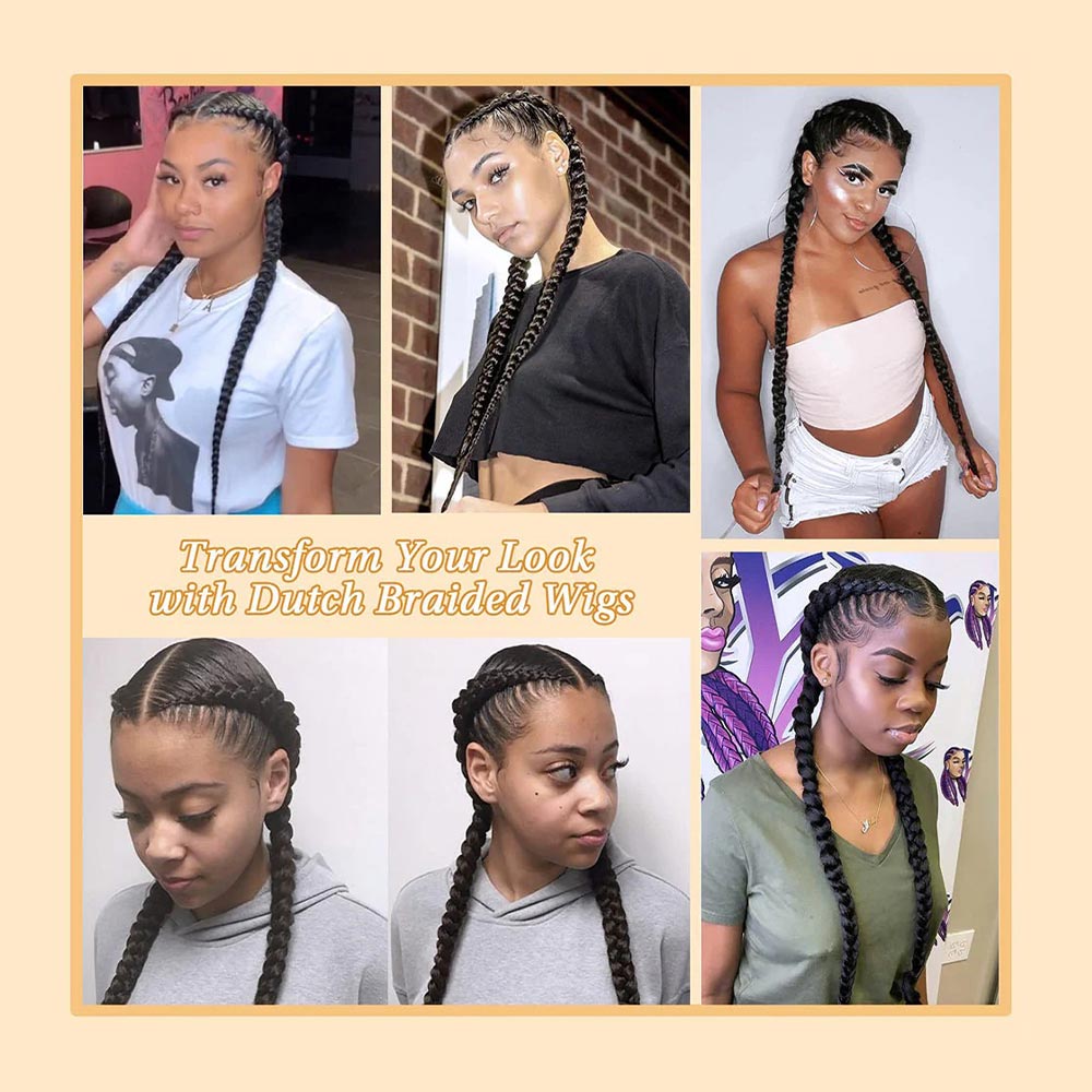 36 Inch Lace Front 2 Dutch Braids Cornrow Braided Wig Black Style