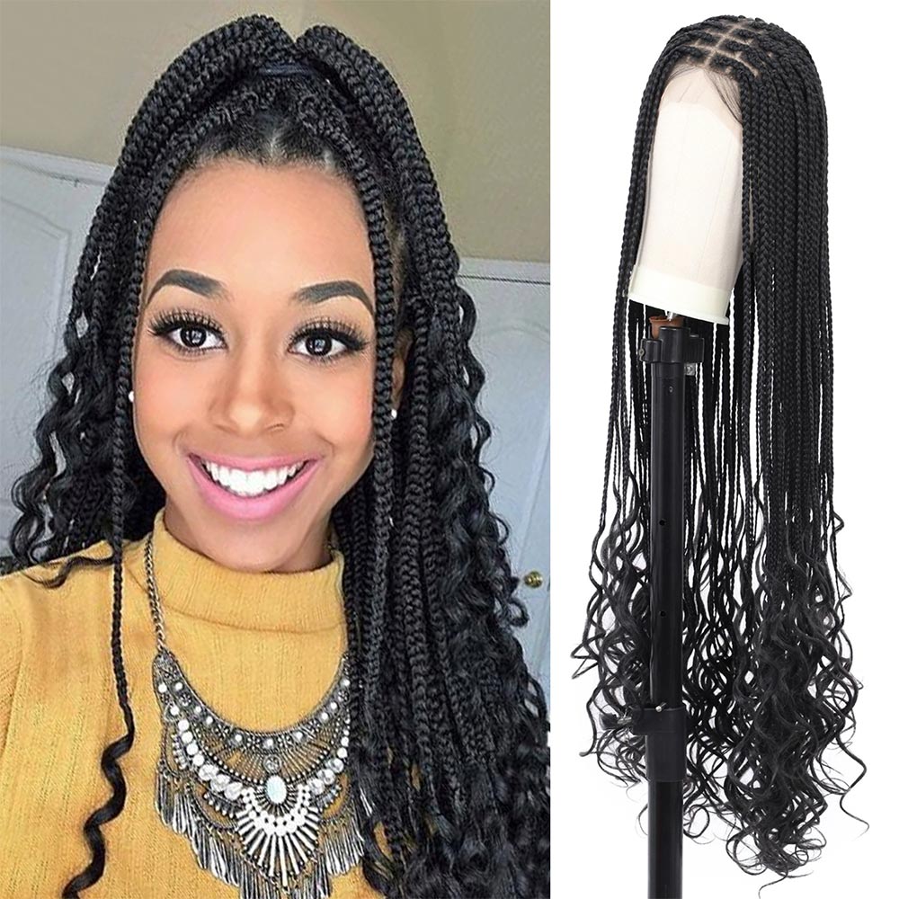 38″ Full Double Lace Boho Braided Wig with Curly Ends Black