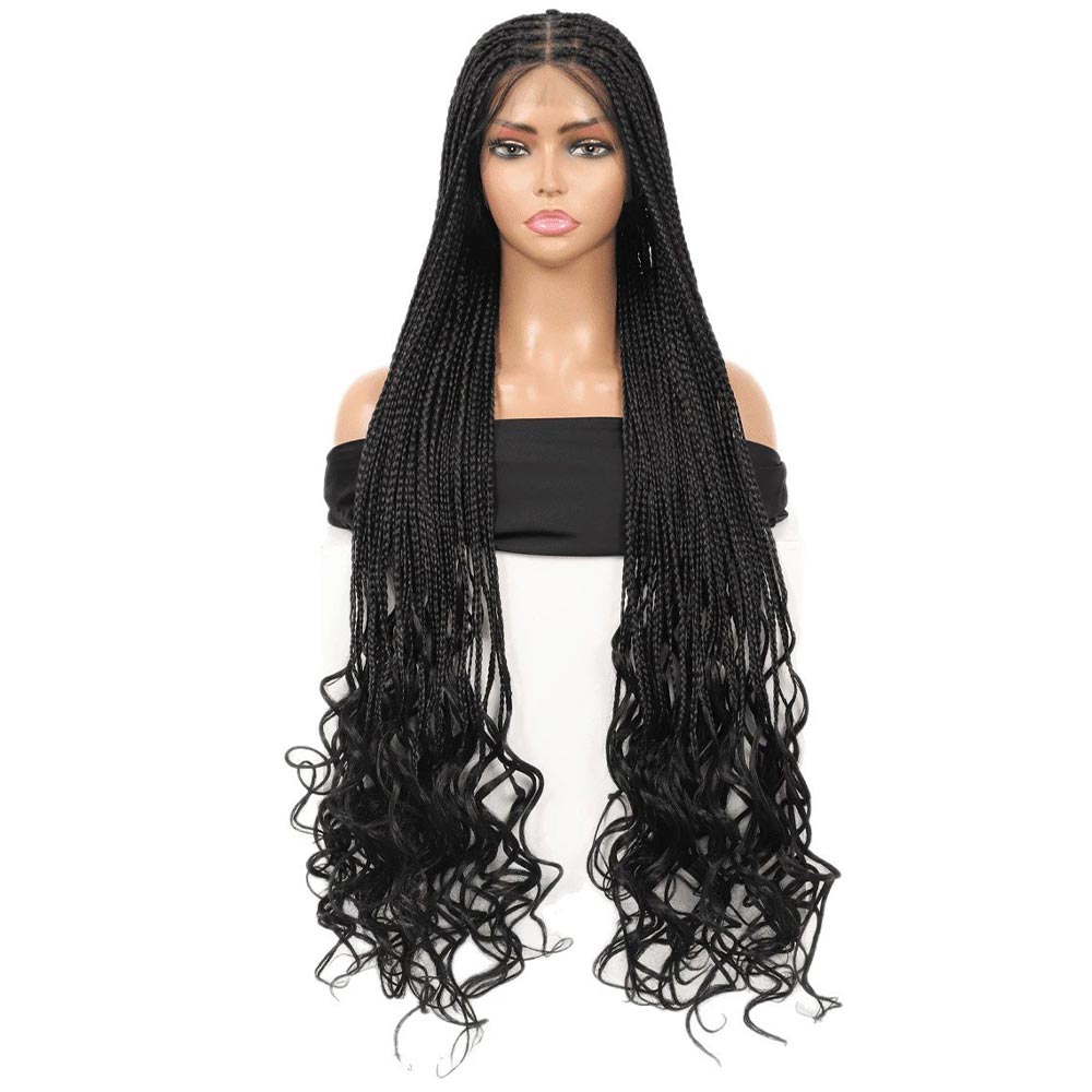 Full Double Lace Boho Braided Wig with Curly Ends Black