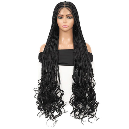 Full Double Lace Boho Braided Wig with Curly Ends Black
