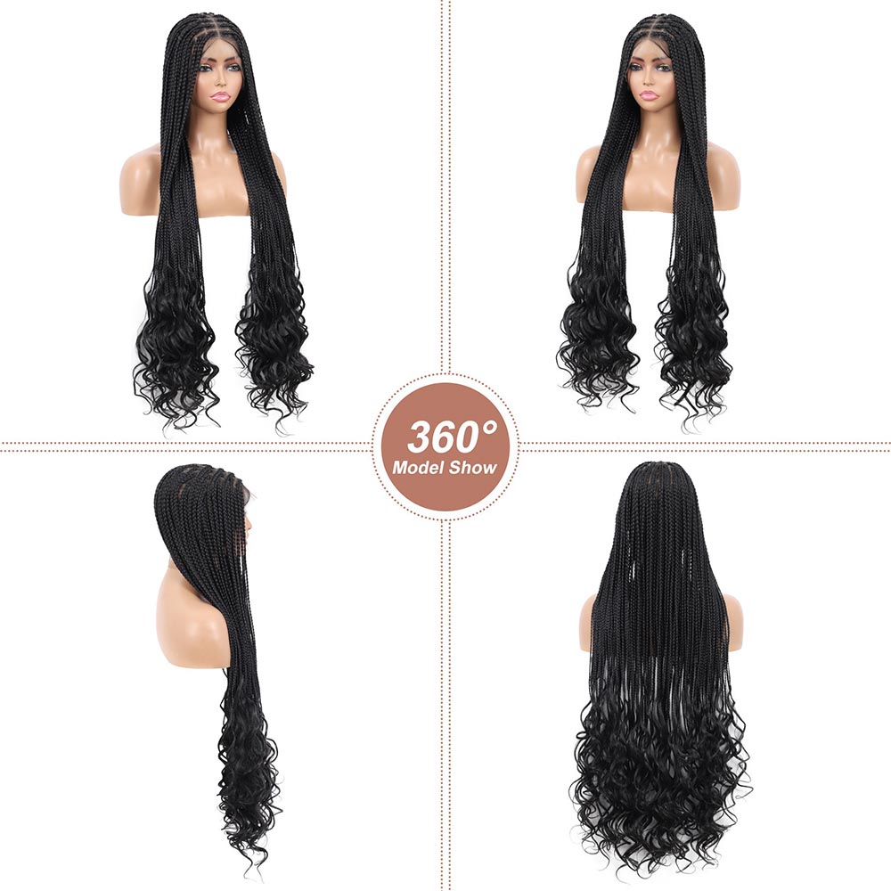 Black Full Double Lace Boho Braided Wig with Curly Ends
