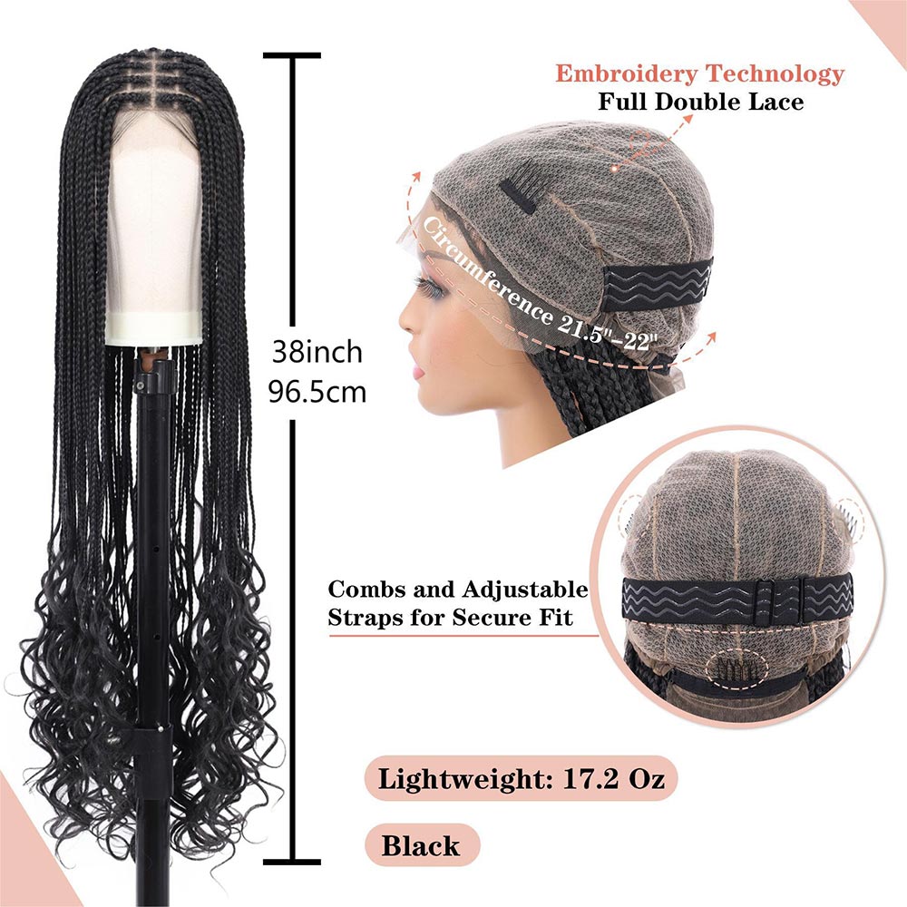 38″ Full Double Lace Boho Braided Wig with Curly Ends Black Detail