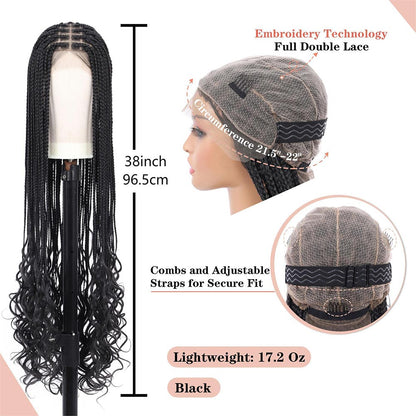 38″ Full Double Lace Boho Braided Wig with Curly Ends Black Detail