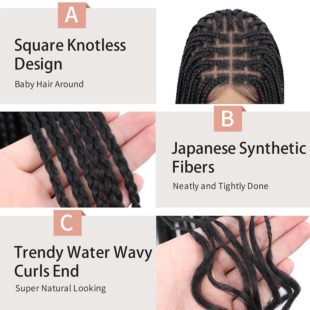  Black Full Double Lace Boho Braided Wig with Curly Ends Detail
