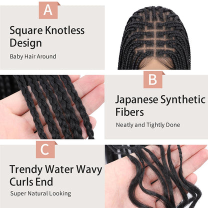  Black Full Double Lace Boho Braided Wig with Curly Ends Detail