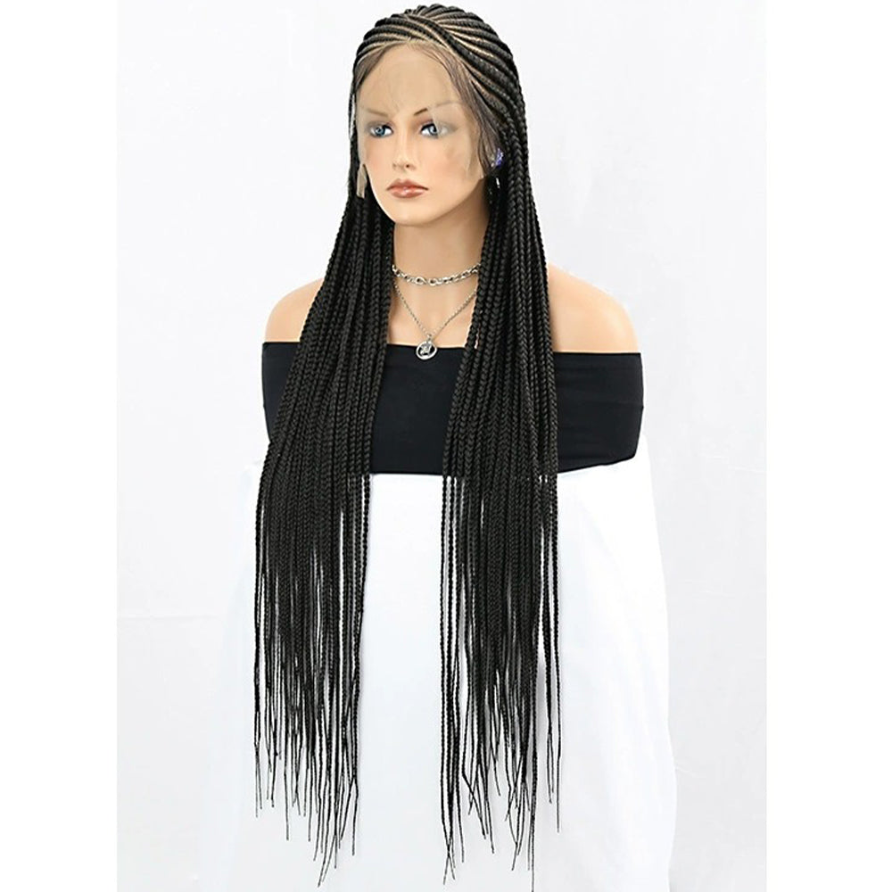 36" Black Full Lace Hand Braided Feed In Cornrow Wig