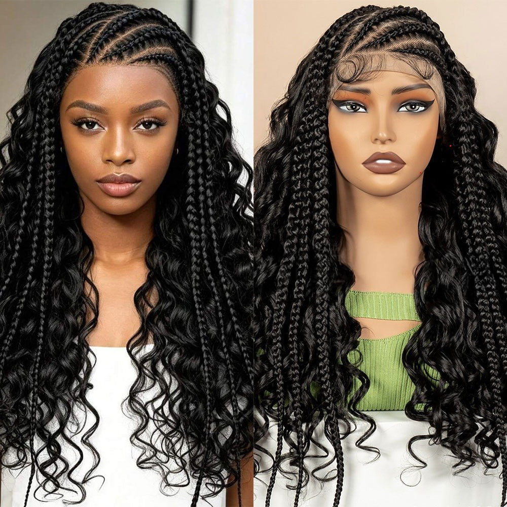 Black 13x6 Lace Front Cornrow Braided Boho Curly Wig