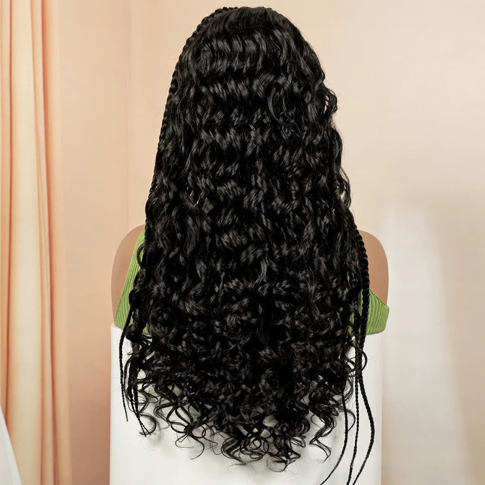 13x6 Lace Front Cornrow Braided Boho Water Wave Wig Black